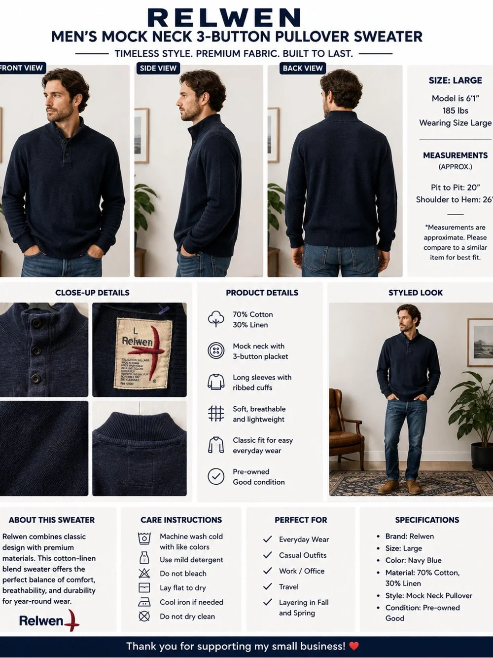 Relwen Men's Cotton Linen Navy Sweater with Three Button Collar Size Large